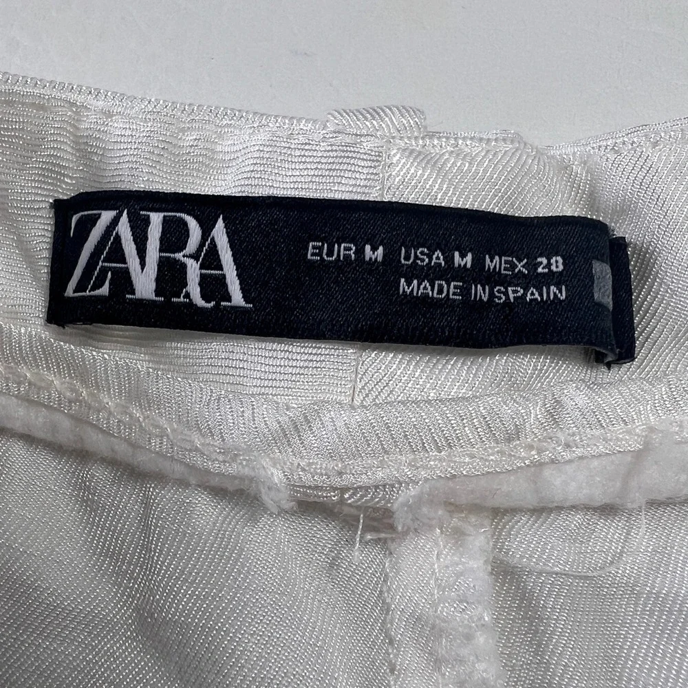 Zara Pants Women M White Wide Leg Linen Blend High Rise Summer Trousers
